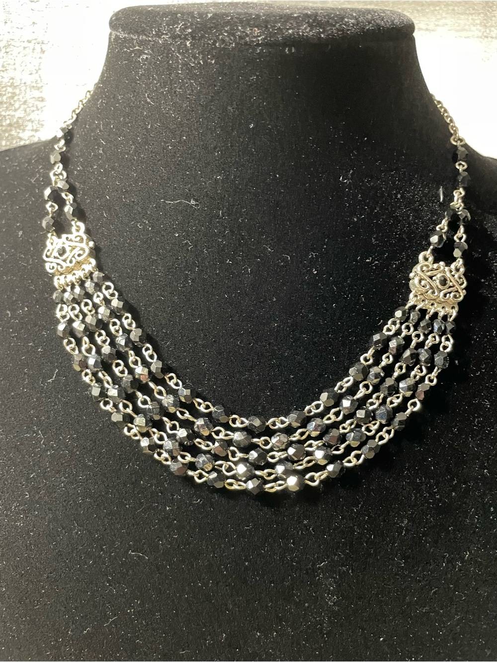 JNY Multi-Strand Black Beaded Necklace with Silver Accents